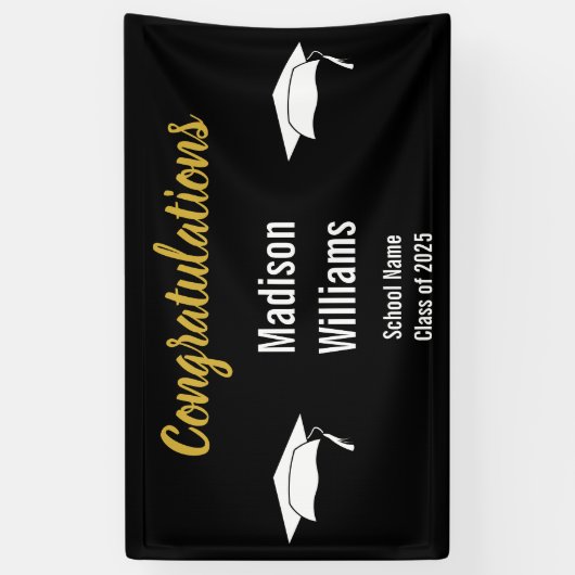 Gefeliciteerd Script Goud Zwart Wit Afstudeerder N Spandoek (Verticaal)