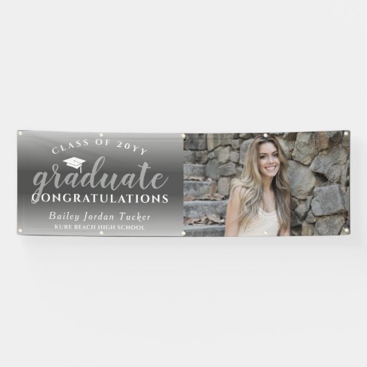 Gefeliciteerd Script Gray Ombre Foto Afstuderen Spandoek (Horizontaal)