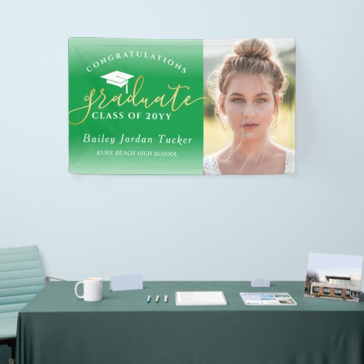 Gefeliciteerd Script Green Gold Photo Afstuderen Spandoek (Beurs)