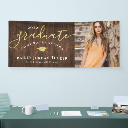Gefeliciteerd Script Green Gold Photo Afstuderen Spandoek (Beurs)