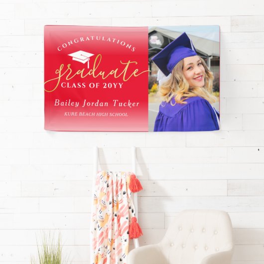 Gefeliciteerd Script Red Gold Photo Afstuderen Spandoek (Insitu)