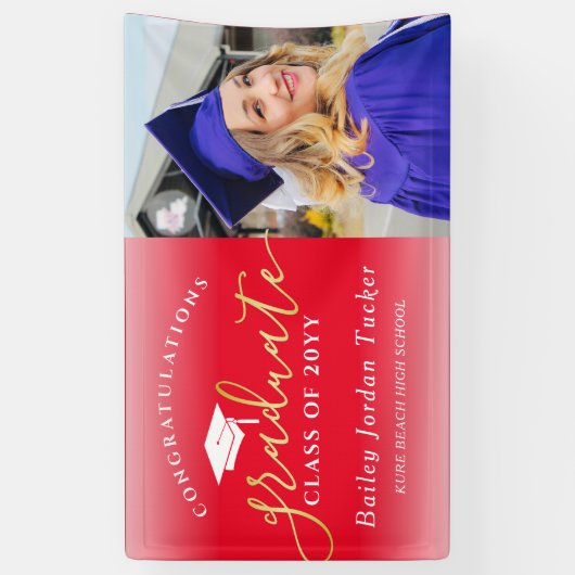 Gefeliciteerd Script Red Gold Photo Afstuderen Spandoek (Verticaal)