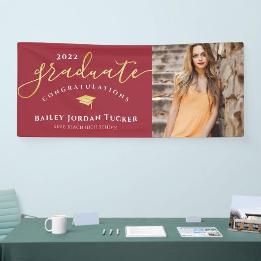Gefeliciteerd Script Red Gold Photo Afstuderen Spandoek (Beurs)