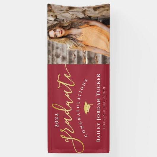 Gefeliciteerd Script Red Gold Photo Afstuderen Spandoek (Verticaal)