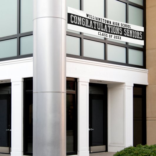 Gefeliciteerd Seniors White | Zwart | Zilver Spandoek (Buitenkant Gebouw)