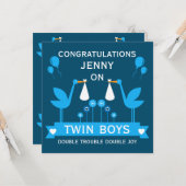 Gefeliciteerd Stalk Delivery Twin Boy Kaart (Voorkant / Achterkant in situ)