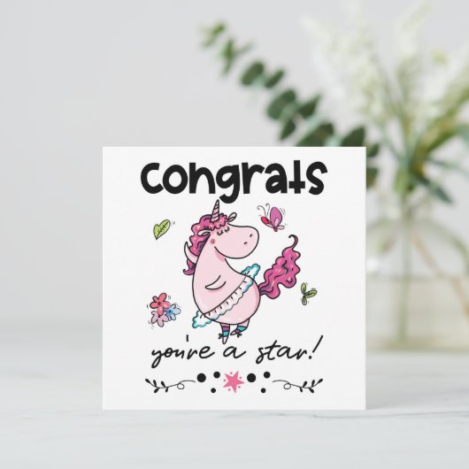 Gefeliciteerd Star Cartoon Dancing Unicorn Humor C Kaart (Staand voorkant)