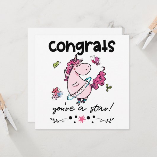 Gefeliciteerd Ster Cartoon Dansende Eenhoorn Humor Kaart (Voorkant / Achterkant in situ)