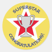 Gefeliciteerd ster trofee geel ronde sticker (Voorkant)