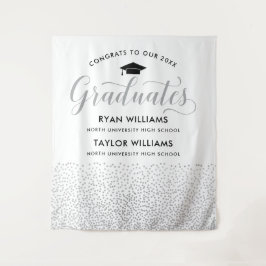 Gefeliciteerd Twee Graduates Silver Confetti Party Wandkleed