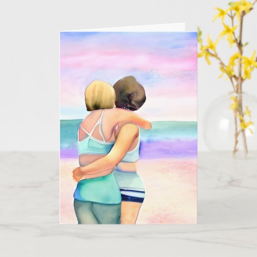 Gefeliciteerd | Twee vrouw omhelzen op het strand Kaart (Gele Bloem)