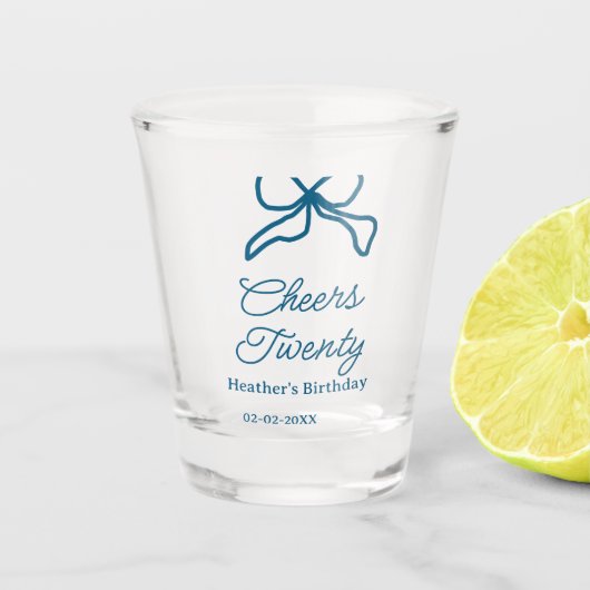 Gefeliciteerd twintig blauwe verjaardagsboog naam shot glas (Voorkant)