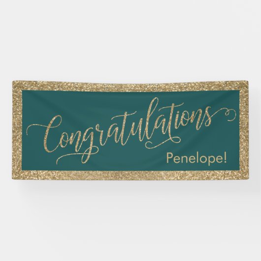 Gefeliciteerd Typografie Gold Glitter en Blauwgroe Spandoek (Horizontaal)