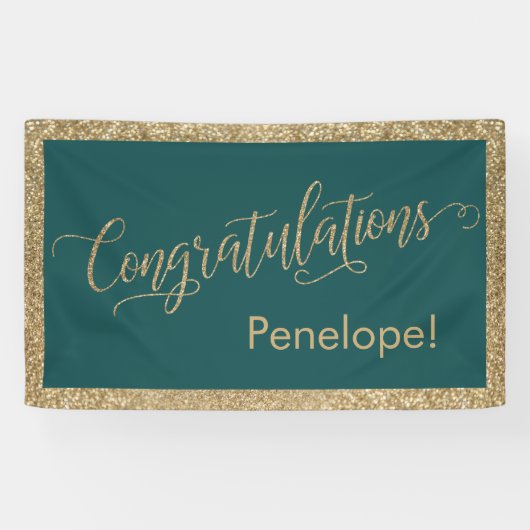 Gefeliciteerd Typografie Gold Glitter en Blauwgroe Spandoek (Horizontaal)