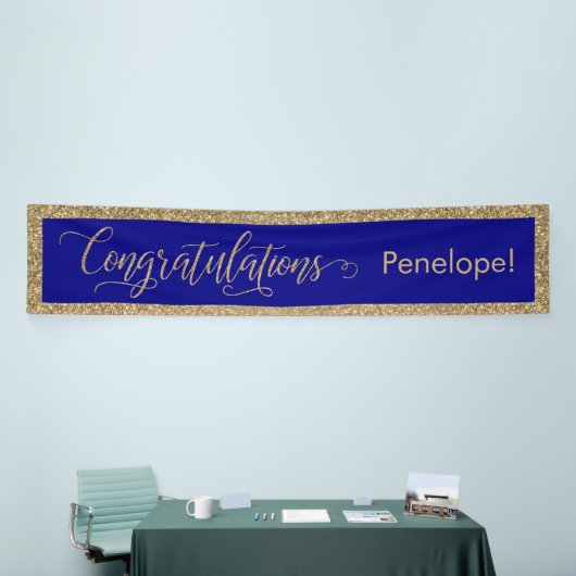 Gefeliciteerd Typografie Gold Glitter en Navy Spandoek (Beurs)