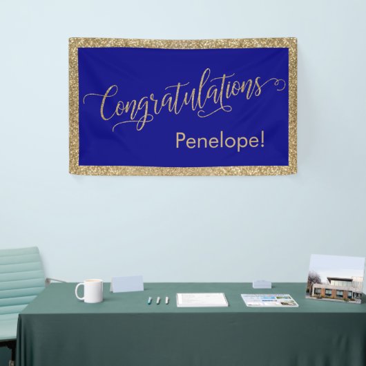 Gefeliciteerd Typografie Gold Glitter en Navy Spandoek (Beurs)