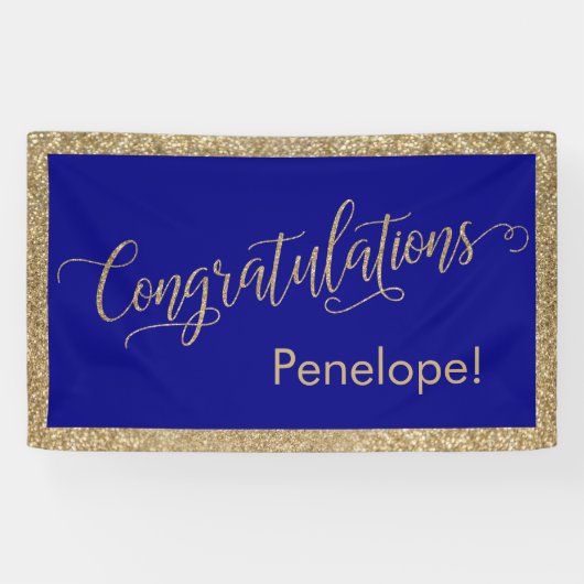 Gefeliciteerd Typografie Gold Glitter en Navy Spandoek (Horizontaal)