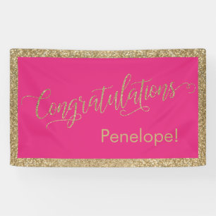 Gefeliciteerd Typografie Gold Glitter Hot Pink Spandoek