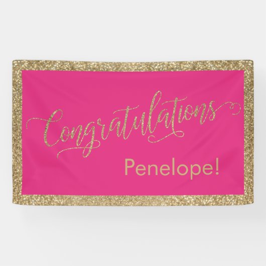 Gefeliciteerd Typografie Gold Glitter Hot Pink Spandoek (Horizontaal)