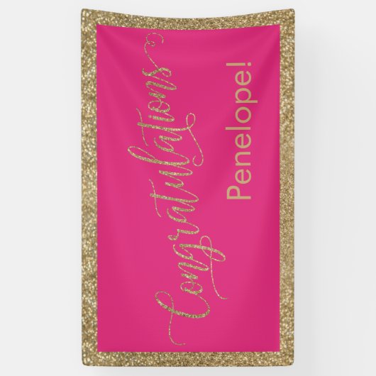 Gefeliciteerd Typografie Gold Glitter Hot Pink Spandoek (Verticaal)