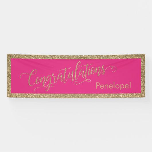 Gefeliciteerd Typografie Gold Glitter Hot Pink Spandoek (Horizontaal)