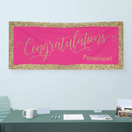 Gefeliciteerd Typografie Gold Glitter Hot Pink Spandoek (Beurs)