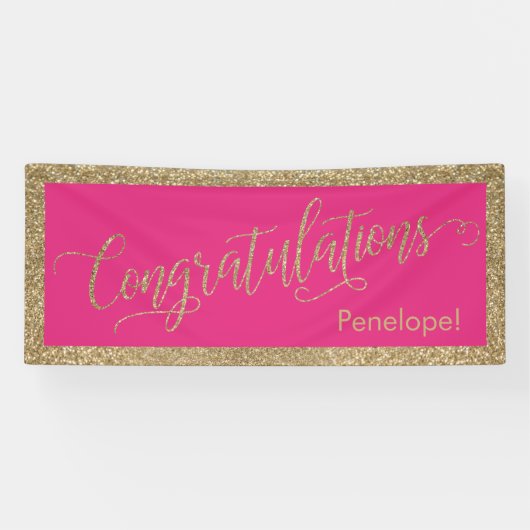 Gefeliciteerd Typografie Gold Glitter Hot Pink Spandoek (Horizontaal)
