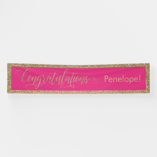 Gefeliciteerd Typografie Gold Glitter Hot Pink Spandoek (Horizontaal)