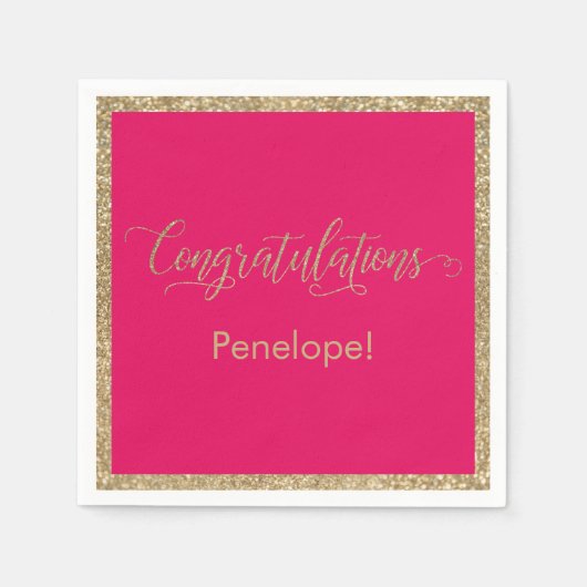 Gefeliciteerd Typografie Gold Glitter Raspberry Servet (Voorkant)