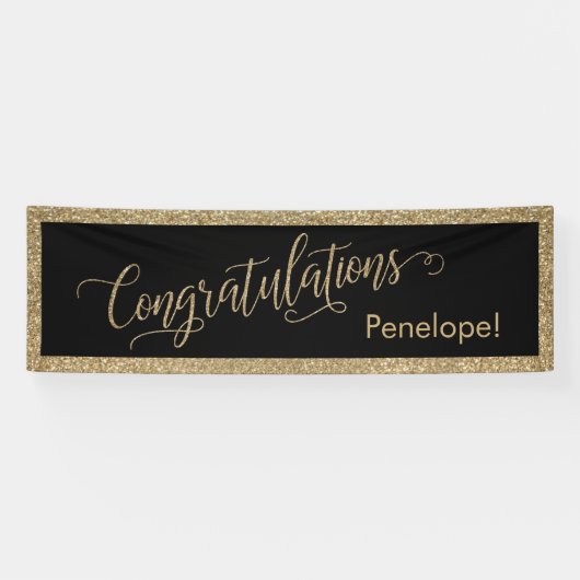 Gefeliciteerd Typografie Goud Glitter en Zwart Spandoek (Horizontaal)