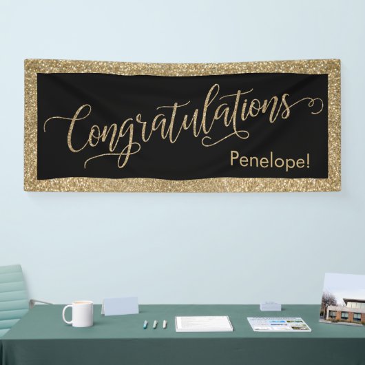 Gefeliciteerd Typografie Goud Glitter en Zwart Spandoek (Beurs)