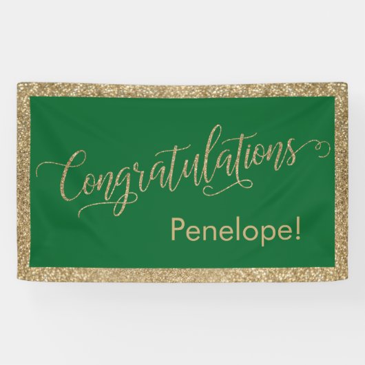 Gefeliciteerd Typografie Gouden Glitter en Groen Spandoek (Horizontaal)