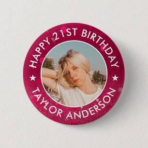 Gefeliciteerd Verjaardag Aangepaste Foto Roze Conf Ronde Button 5,7 Cm