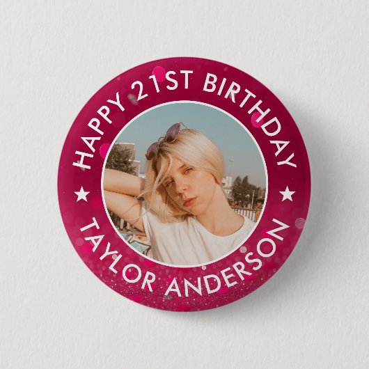 Gefeliciteerd Verjaardag Aangepaste Foto Roze Conf Ronde Button 5,7 Cm (Voorkant)