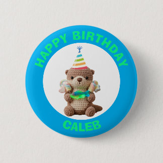 Gefeliciteerd verjaardag | Blauwe en groene teddyb Ronde Button 5,7 Cm