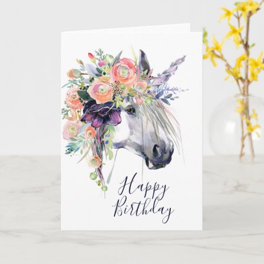 Gefeliciteerd verjaardag | Bloemengeschmukt eenhoo Kaart (Gele Bloem)