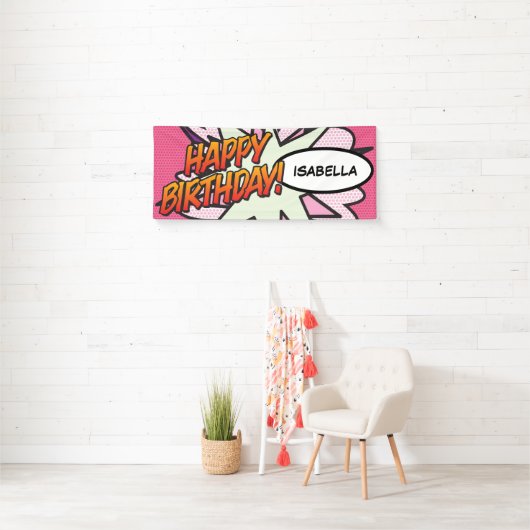 GEFELICITEERD VERJAARDAG Comic Book Pop Art Roze Spandoek (Insitu)