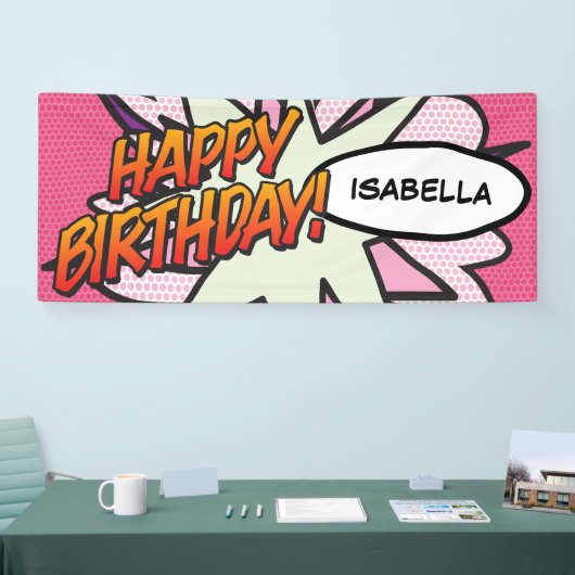 GEFELICITEERD VERJAARDAG Comic Book Pop Art Roze Spandoek (Beurs)