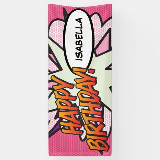 GEFELICITEERD VERJAARDAG Comic Book Pop Art Roze Spandoek (Verticaal)