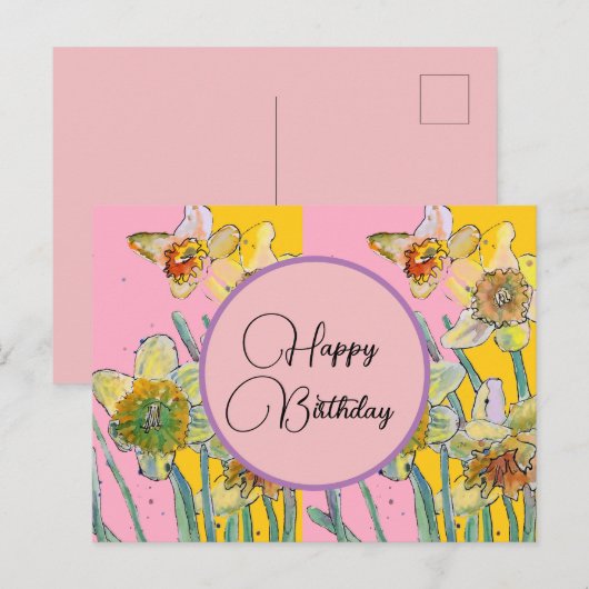 Gefeliciteerd verjaardag Daffodil bloem Roze Ansic Briefkaart (Voorkant / Achterkant)