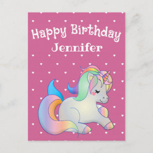 Gefeliciteerd verjaardag, eenhoorn en harten roze  briefkaart