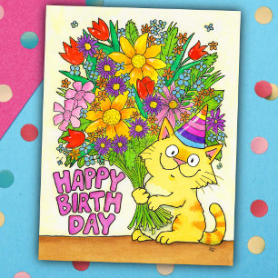 Gefeliciteerd Verjaardag Kat met Bloemen  Briefkaart