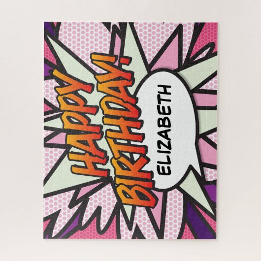 GEFELICITEERD VERJAARDAG Leuk Retro Stripboek Roze Legpuzzel (Verticaal)