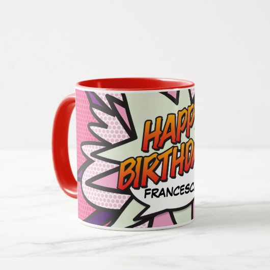 GEFELICITEERD VERJAARDAG Leuk Retro Stripboek Roze Mok (Voorkant links)