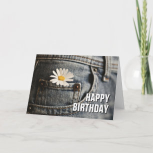 Gefeliciteerd verjaardag   Madeliefje in jeanszak Kaart