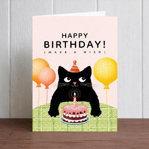 Gefeliciteerd verjaardag met zwarte kat, cake en k kaart