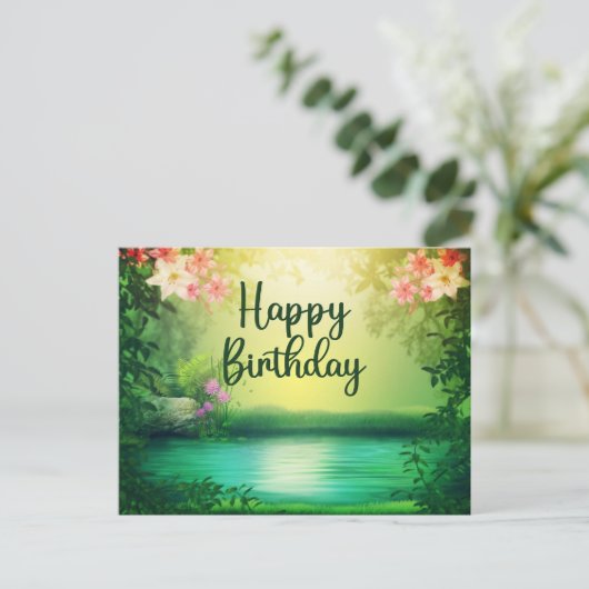 Gefeliciteerd Verjaardag Mooie Natuur Meer & Bloem Briefkaart (Staand voorkant)