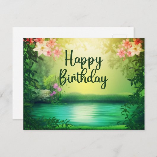 Gefeliciteerd Verjaardag Mooie Natuur Meer & Bloem Briefkaart (Voorkant / Achterkant)