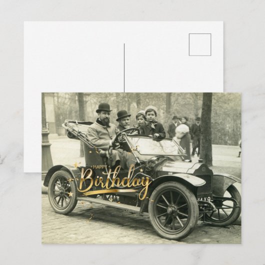 Gefeliciteerd Verjaardag Oude Auto en Mensen Briefkaart (Voorkant / Achterkant)