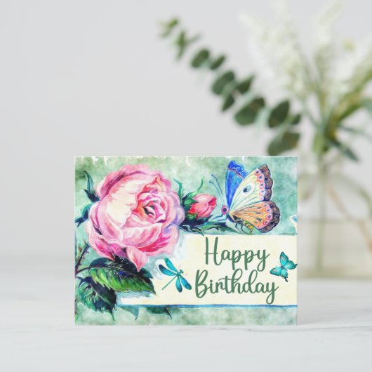 Gefeliciteerd Verjaardag Oude Rozen en Vlinders Briefkaart (Staand voorkant)